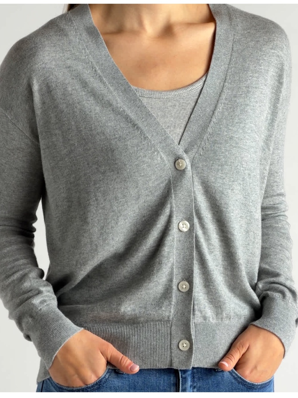 American Eagle Outfitters Gray V-Neck Cardigan with Pink Trim